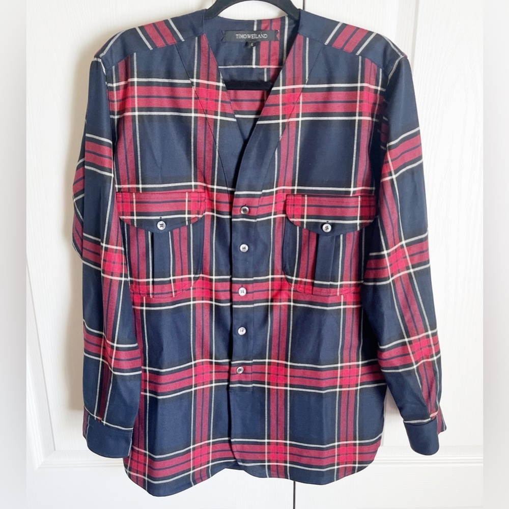 Timo Weiland Red Blue White Plaid Button Down Tunic Blouse Size Large